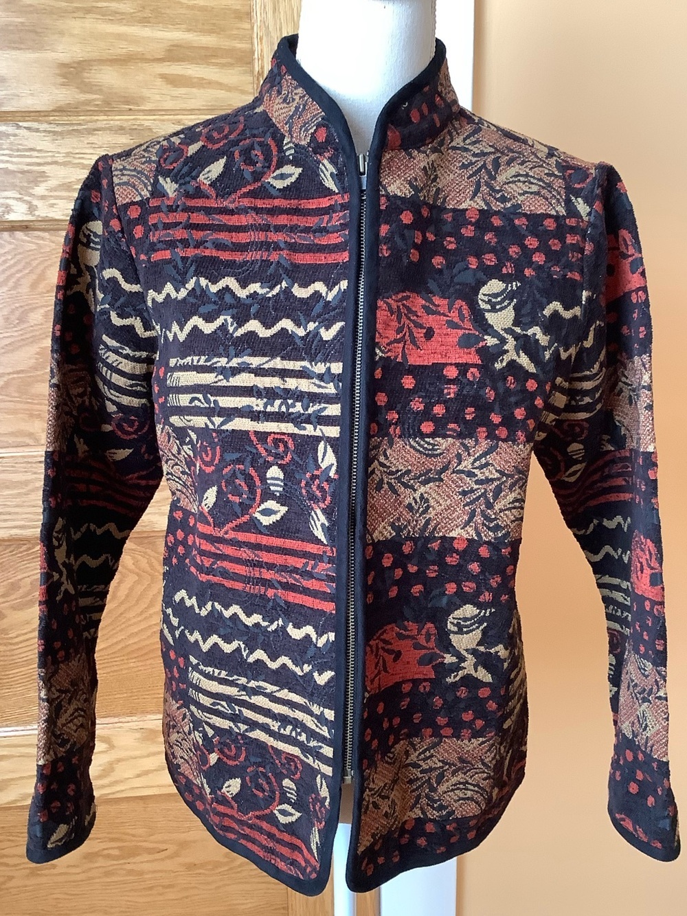 VINTAGE Tapestry Mixed Print Zip Front Jacket Boho Patchwork Motif M - Picture 2 of 11
